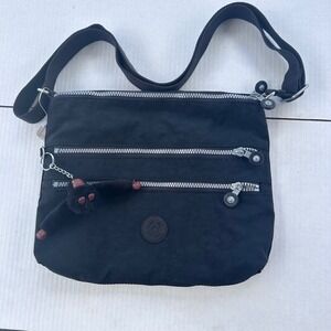 Kipling Alvar Crossbody Bag Black Nylon Multi-Zip Shoulder Purse with Monkey